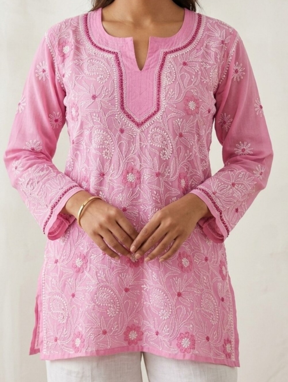 Pink & White Chikankari Embroidered Women's Tunic Top